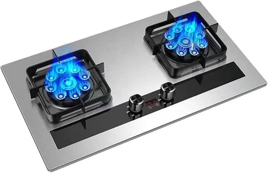 Plaque de Cuisson à Gaz 2 Feux, Puissance 5,2KW, Minuterie Double, Panneau en Titane, Support Fonte avec Sécurité Flamme, Compatible Gaz Naturel/GPL